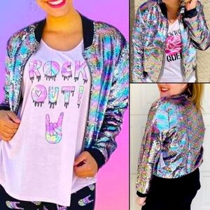 LuLaRoe Stevie Blue & Purple Bomber Jacket w/Iridescent Sequins Sz 3X NWT